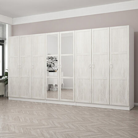 Kale Country 8 Kapak Aynalı 4Ç Zincir Dolap - Eskitme Beyaz 190CM