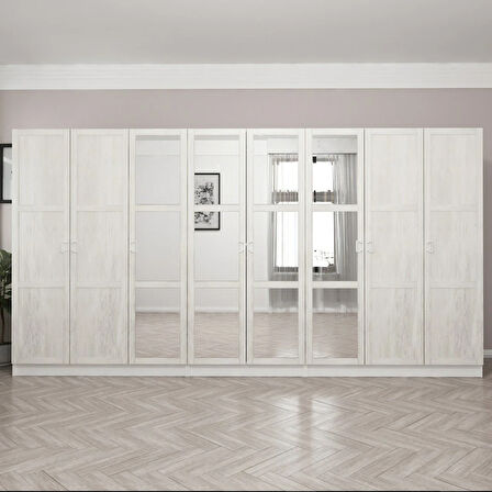 Kale Country 8 Kapak Aynalı 4Ç Zincir Dolap - Eskitme Beyaz 190CM