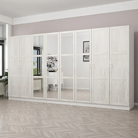 Kale Country 8 Kapak Aynalı 4Ç Zincir Dolap - Eskitme Beyaz 190CM