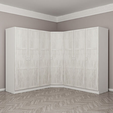 Kale Country 7 Kapak 4Ç Köşe Zincir Dolap - Eskitme Beyaz 190CM