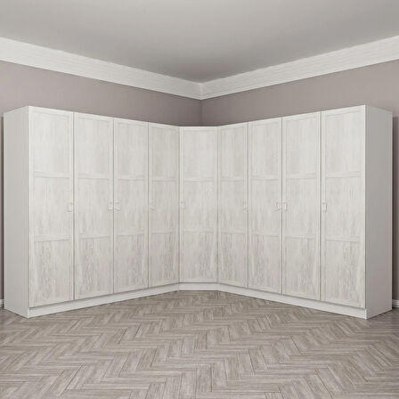 Kale Country 9 Kapak 4Ç Köşe Zincir Dolap - Eskitme Beyaz 190CM