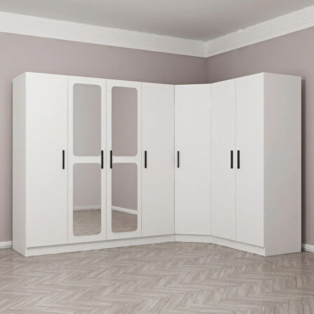 Kale 7 Kapaklı Aynalı 2Ç Köşe Dolap - Beyaz 190CM