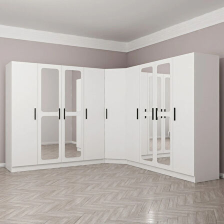 Kale 9 Kapaklı Aynalı 4Ç Köşe Dolap - Beyaz 190CM