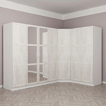 Kale 7 Country Kapaklı Aynalı 2Ç Köşe Dolap -  Eskitme Beyaz 190CM