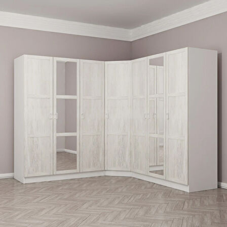 Kale 7 Country Kapaklı Aynalı 4Ç Köşe Dolap -  Eskitme Beyaz 190CM