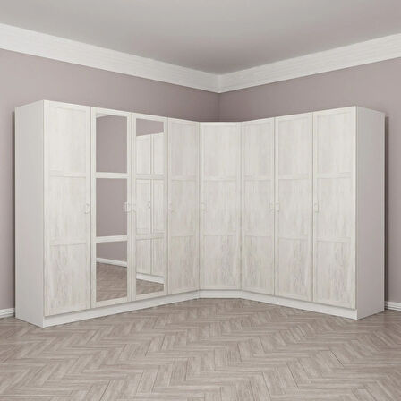 Kale 8 Country Kapaklı Aynalı 4Ç Köşe Dolap -  Eskitme Beyaz 190CM