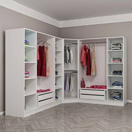 Kale 8 Country Kapaklı Aynalı 4Ç Köşe Dolap -  Eskitme Beyaz 190CM