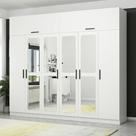 Kale 6 Kapaklı Aynalı 2Ç Zincir Dolap-Yüklük - Beyaz 235CM