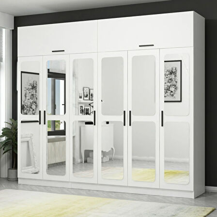 Kale 6 Kapaklı Aynalı 2Ç Zincir Dolap-Yüklük - Beyaz 235CM