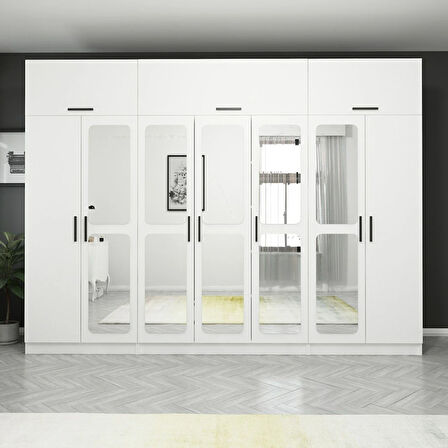 Kale 7 Kapaklı Aynalı Zincir Dolap-Yüklük - Beyaz 235CM