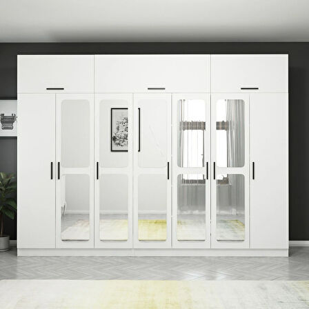 Kale 7 Kapaklı 4 Çekmeceli Aynalı Zincir Dolap-Yüklük - Beyaz 235CM