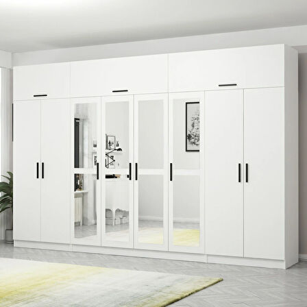 Minar Kale 8 Kapaklı 4 Aynalı 2 Çekmeceli Dolap Ve Yüklük Beyaz 235CM