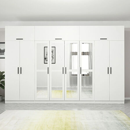 Minar Kale 8 Kapaklı 4 Aynalı 2 Çekmeceli Dolap Ve Yüklük Beyaz 235CM