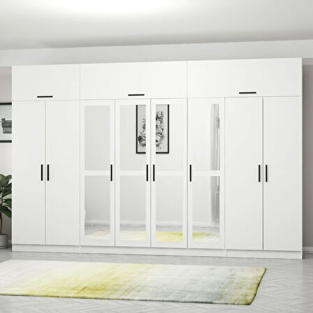 Minar Kale 8 Kapaklı 4 Aynalı 2 Çekmeceli Dolap Ve Yüklük Beyaz 235CM