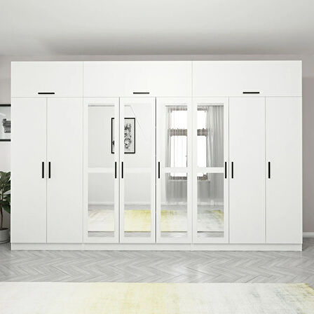 Minar Kale 8 Kapaklı 4 Aynalı 4 Çekmeceli Dolap Ve Yüklük Beyaz 235CM