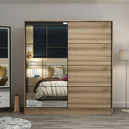 Minar Kale 2 Kapaklı Aynalı Sürgülü Dolap 180 Cm - Dore 190CM