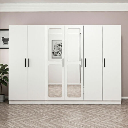 Minar Kale 6 Kapak Aynalı 2 Çekmece Zincir Dolap - Beyaz 210CM