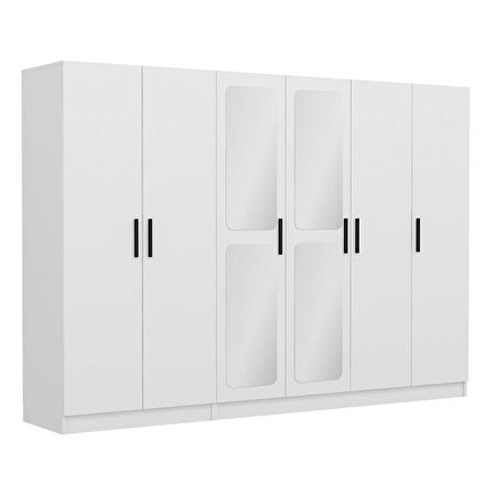 Minar Kale 6 Kapak Aynalı 2 Çekmece Zincir Dolap - Beyaz 210CM