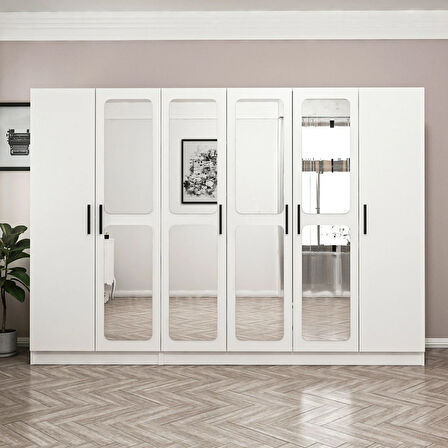 Minar Kale 6 Kapak Aynalı 2 Çekmece Zincir Dolap - Beyaz 210CM