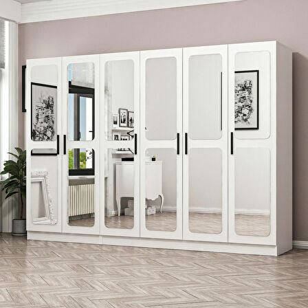 Minar Kale 6 Kapak Aynalı 2 Çekmece Zincir Dolap - Beyaz 210CM