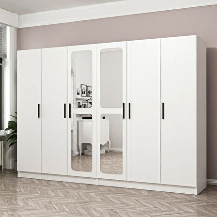 Minar Kale 6 Kapak Aynalı 4 Çekmece Zincir Dolap - Beyaz 210CM