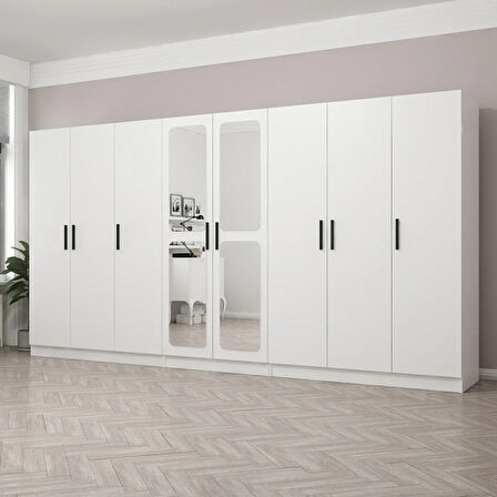 Kale 8 Kapak Aynalı 4 Çekmece Zincir Dolap - Beyaz 210CM