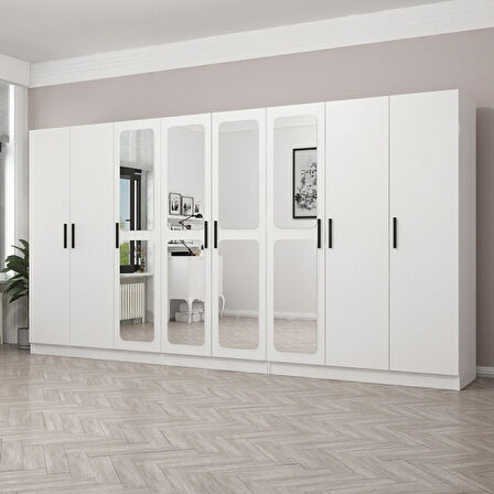 Kale 8 Kapak Aynalı 4 Çekmece Zincir Dolap - Beyaz 210CM