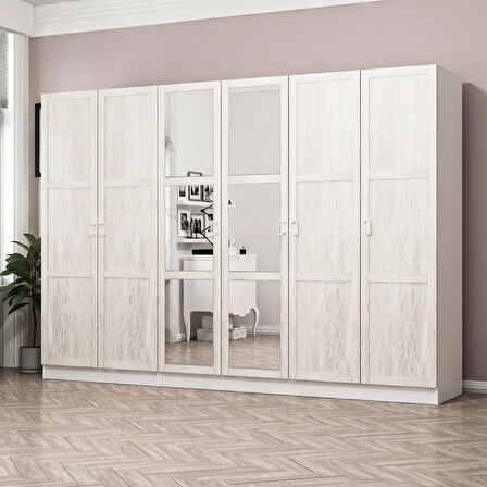 Minar Kale Country 6 Kapak Aynalı 2 Ç Zincir Dolap - E.Beyaz 210CM