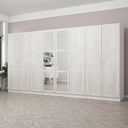 Kale Country 8 Kapak Aynalı 2Ç Zincir Dolap - Eskitme Beyaz 210CM