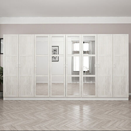 Kale Country 8 Kapak Aynalı 4Ç Zincir Dolap - Eskitme Beyaz 210CM