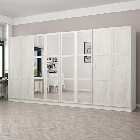 Kale Country 8 Kapak Aynalı 4Ç Zincir Dolap - Eskitme Beyaz 210CM