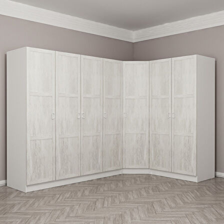 Kale Country 7 Kapak 2Ç Köşe Zincir Dolap - Eskitme Beyaz 210CM