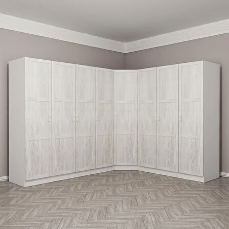 Kale Country 8 Kapak 4Ç Köşe Zincir Dolap - Eskitme Beyaz 210CM