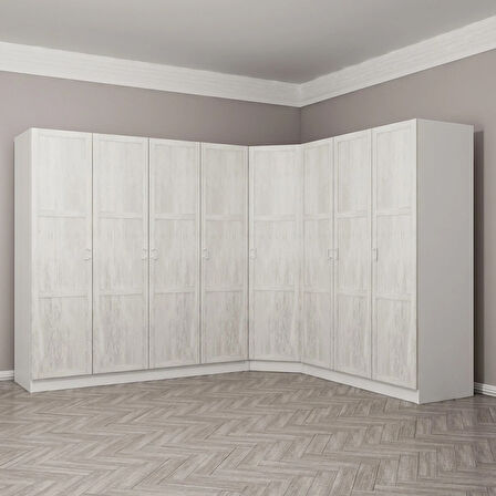 Kale Country 8 Kapak 4Ç Köşe Zincir Dolap - Eskitme Beyaz 210CM