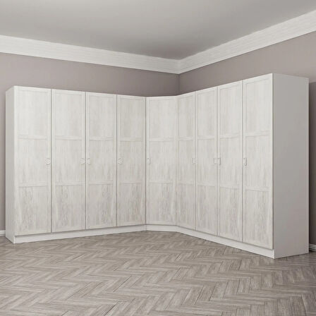 Kale Country 9 Kapak 4Ç Köşe Zincir Dolap - Eskitme Beyaz 210CM