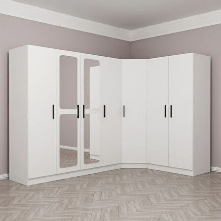 Kale 7 Kapaklı Aynalı 2Ç Köşe Dolap - Beyaz 210CM