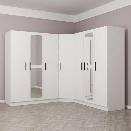 Kale 7 Kapaklı Aynalı 4Ç Köşe Dolap - Beyaz 210CM