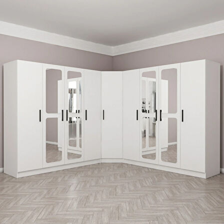 Kale 9 Kapaklı Aynalı 4Ç Köşe Dolap - Beyaz 210CM