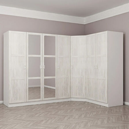 Kale 7 Country Kapaklı Aynalı 2Ç Köşe Dolap -  Eskitme Beyaz 210CM