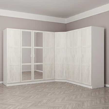 Kale 8 Country Kapaklı Aynalı 4Ç Köşe Dolap -  Eskitme Beyaz 210CM