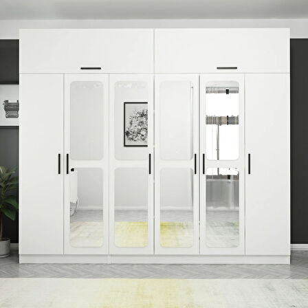 Kale 6 Kapaklı Aynalı 2Ç Zincir Dolap-Yüklük - Beyaz 255CM