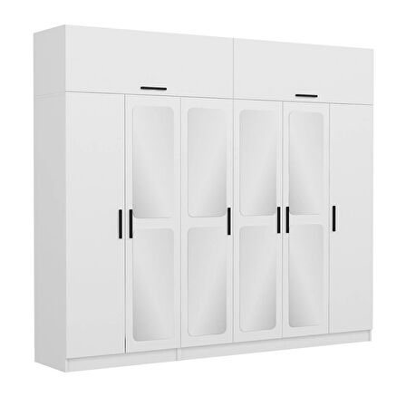 Kale 6 Kapaklı Aynalı 2Ç Zincir Dolap-Yüklük - Beyaz 255CM