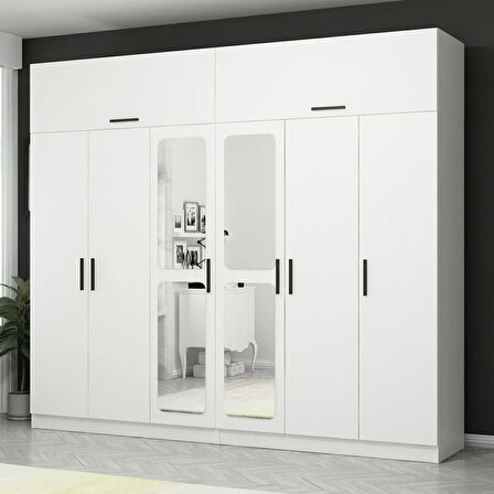 Kale 6 Kapaklı Aynalı 4Ç Zincir Dolap-Yüklük - Beyaz 255CM