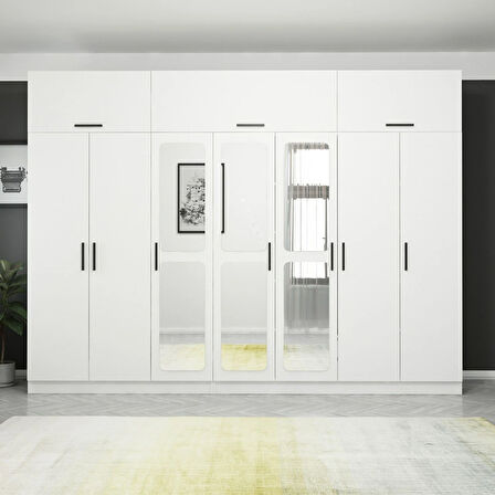 Kale 7 Kapaklı Aynalı Zincir Dolap-Yüklük - Beyaz 255CM