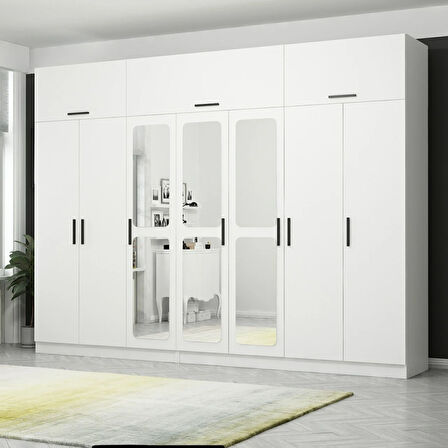 Kale 7 Kapaklı Aynalı Zincir Dolap-Yüklük - Beyaz 255CM