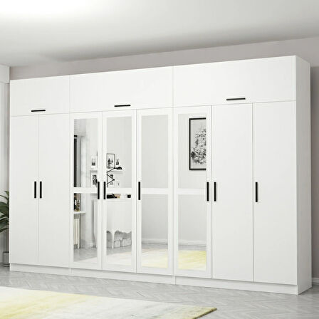 Minar Kale 8 Kapaklı 4 Aynalı 4 Çekmeceli Dolap Ve Yüklük Beyaz 255CM