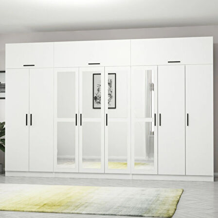 Minar Kale 8 Kapaklı 4 Aynalı 4 Çekmeceli Dolap Ve Yüklük Beyaz 255CM