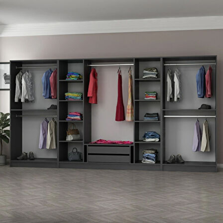 Minar Kale 8 Bölmeli 2 Çekmeceli Giyinme Dolabı Antrasit 190CM