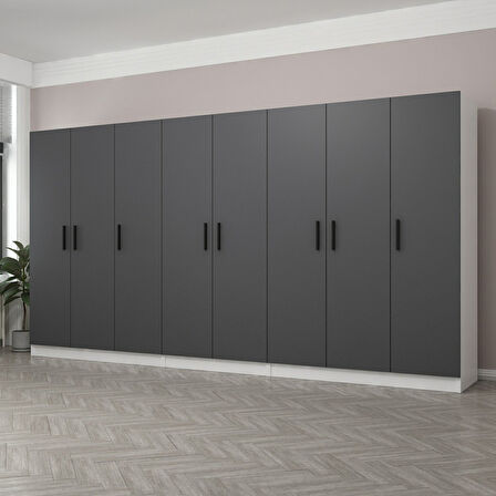 Minar Kale 8 Kapaklı 4 Çekmeceli Dolap Beyaz Antrasit 190CM