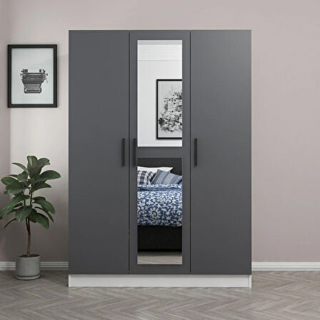 Minar Kale 3 Kapaklı 1 Aynalı 2 Çekmeceli Dolap Beyaz Antrasit 190CM